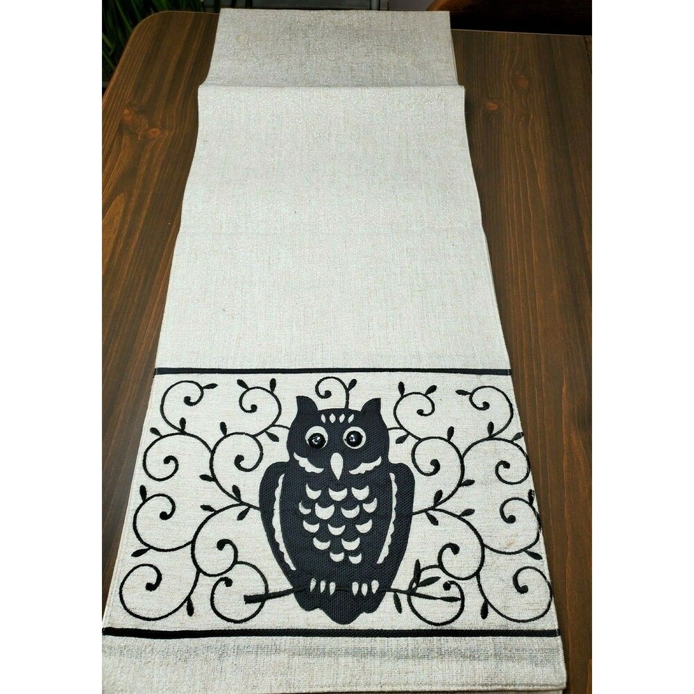 Sam Hedaya Table Runner Owls Black Silver Metalic Embroidered Linen 14" x 70"
